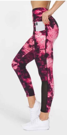 7/8 Cropped Marble Print Leggings with Mesh Panel and Pockets - Pink