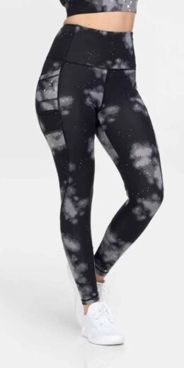 Constellation Print High Waist Full-length Active Leggings with Double Pocket - Black