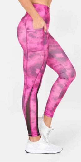Full Length Tie Dye Leggings with Mesh Detailing and Pockets - Berry