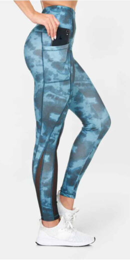 Full Length Tie Dye Leggings with Mesh Detailing and Pockets - Teal