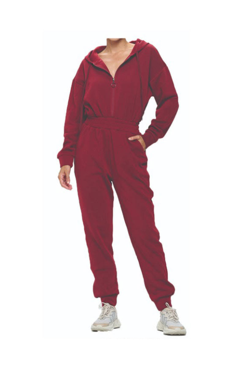 Hooded Front Zipper Utility Jumpsuit - Burgundy