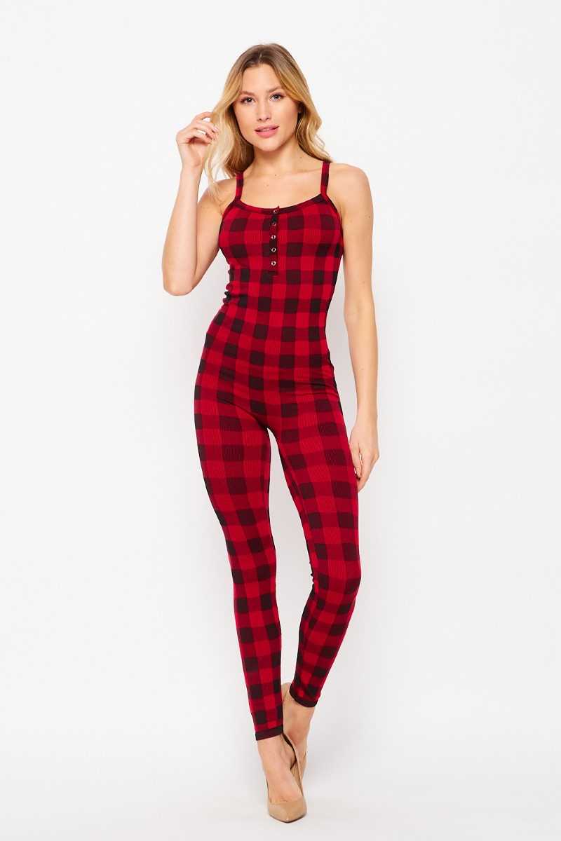 Solid Red Black Plaid Button Up Tank Set