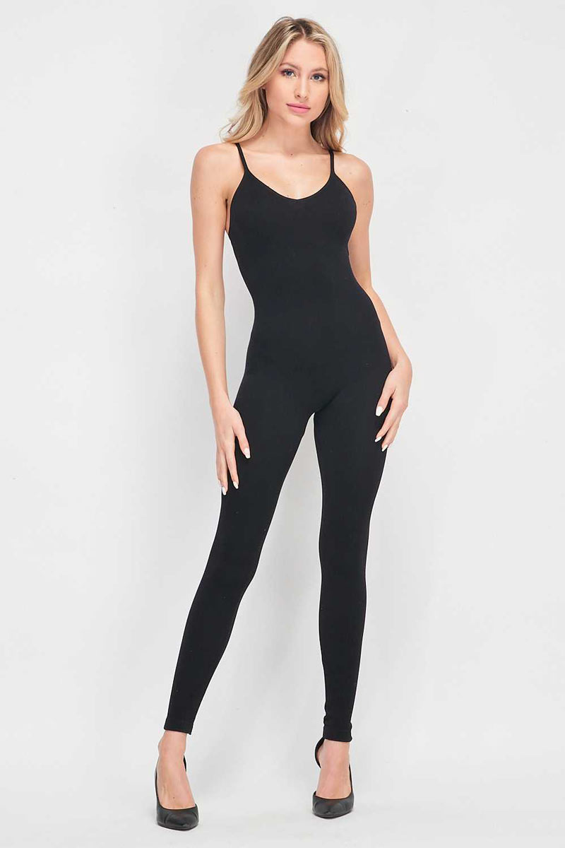 Solid Ribbed Spaghetti Strap Catsuit