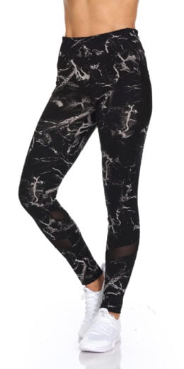 Full Length Marble Print Active Leggings - Black White Marbled