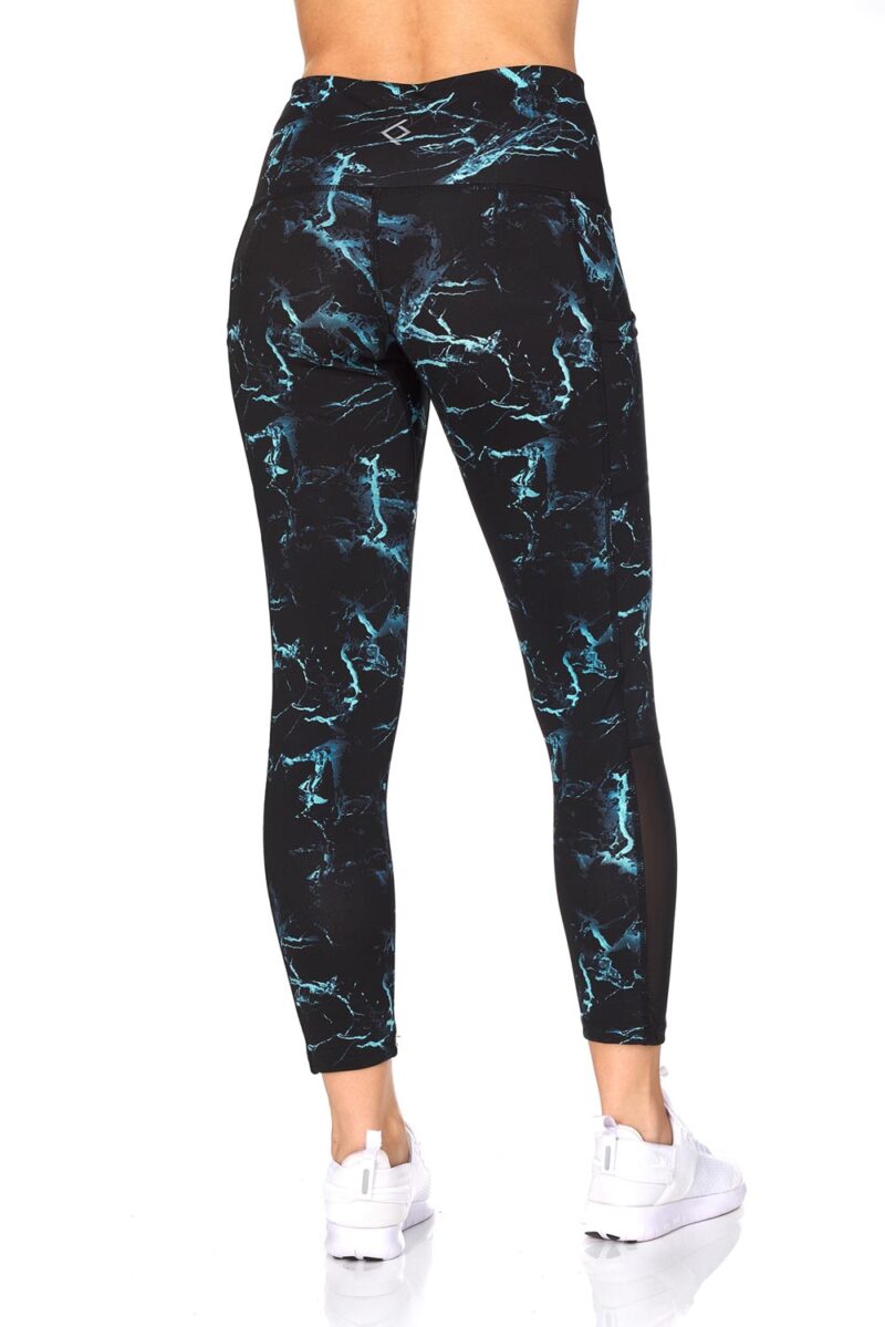 7/8 Cropped Marble Print Mesh Detail Active Leggings - Black Mint Marbled