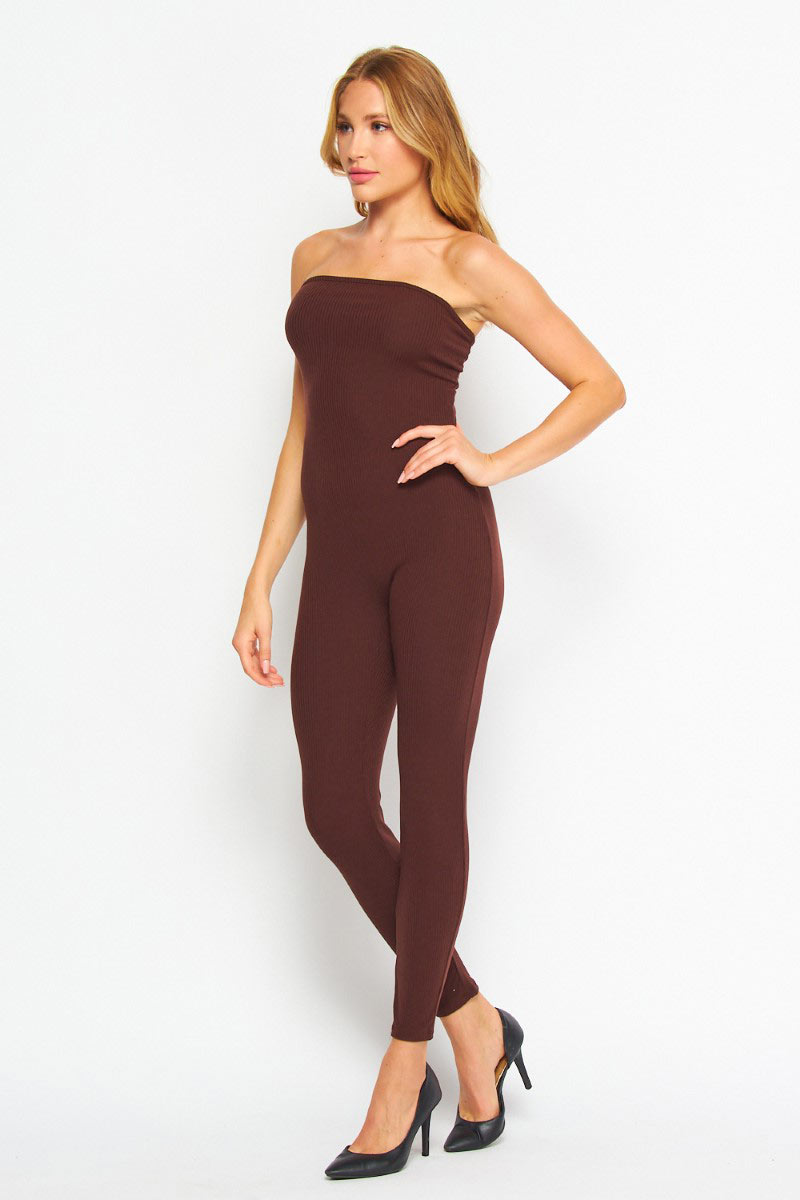 Solid Ribbed Strapless Long Jumpsuit - Dark Chocolate