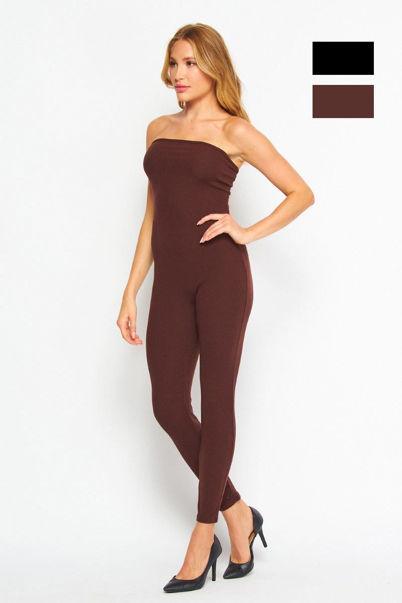 Solid Ribbed Strapless Long Jumpsuit