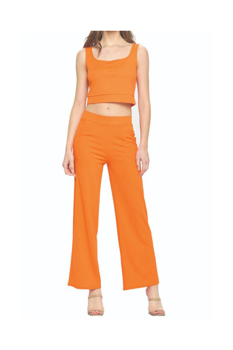Crepe Solid Crop Top and Straight Pants Set