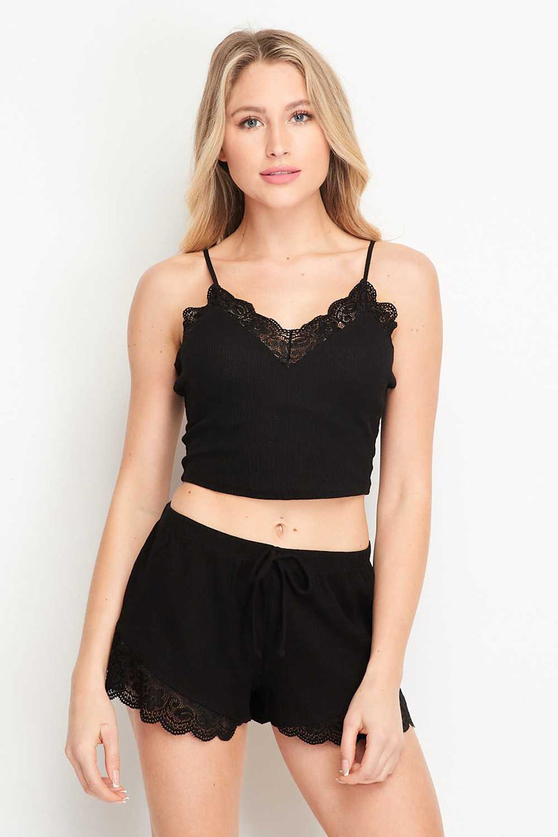 Solid Lace Scallop Trim Cami and Shorts Set