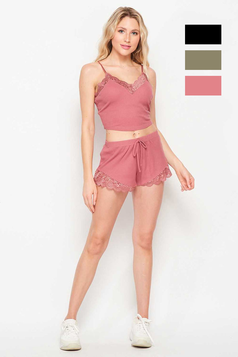 Solid Lace Scallop Trim Cami and Shorts Set