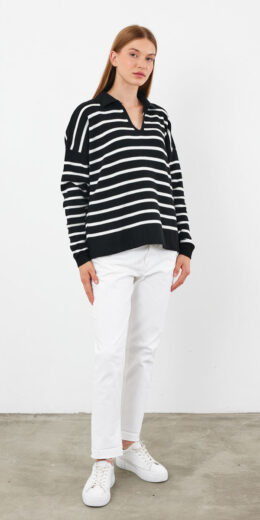 Striped Polo Neck Sweater V Neck - Black