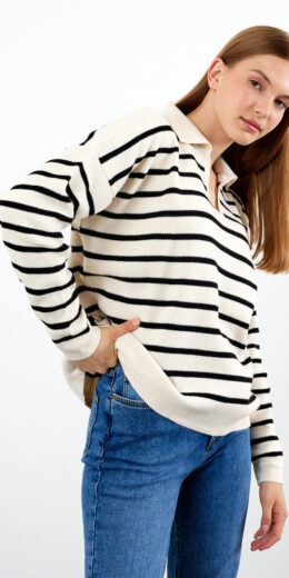 Striped Polo Neck Sweater V Neck - Ecrou