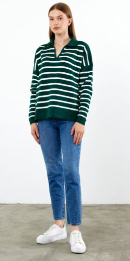 Striped Polo Neck Sweater V Neck - Green