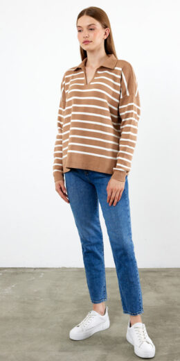 Striped Polo Neck Sweater V Neck - L.Brown