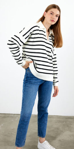 Striped Polo Neck Sweater V Neck - White