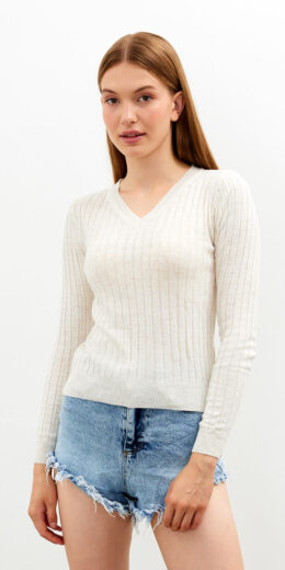 V Neck Ripped Basic Sweater Top - Beige
