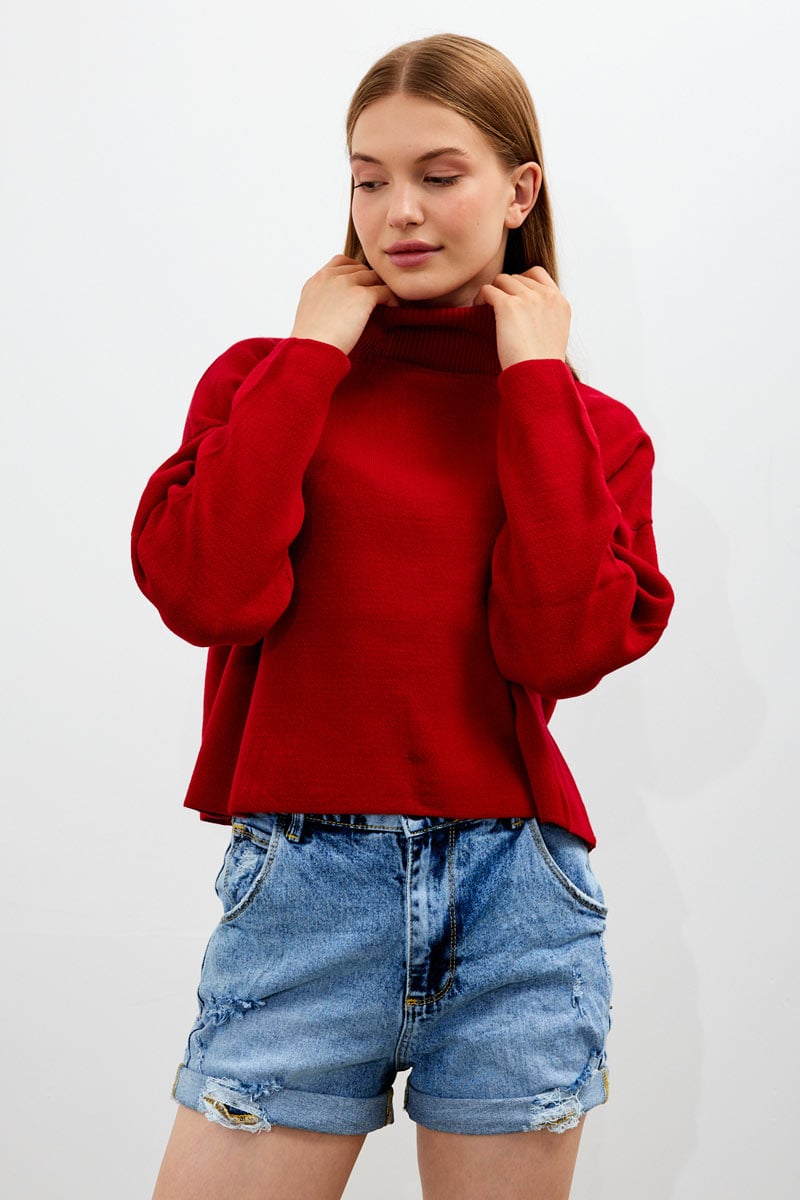 Turtleneck Oversized Sweater - Red