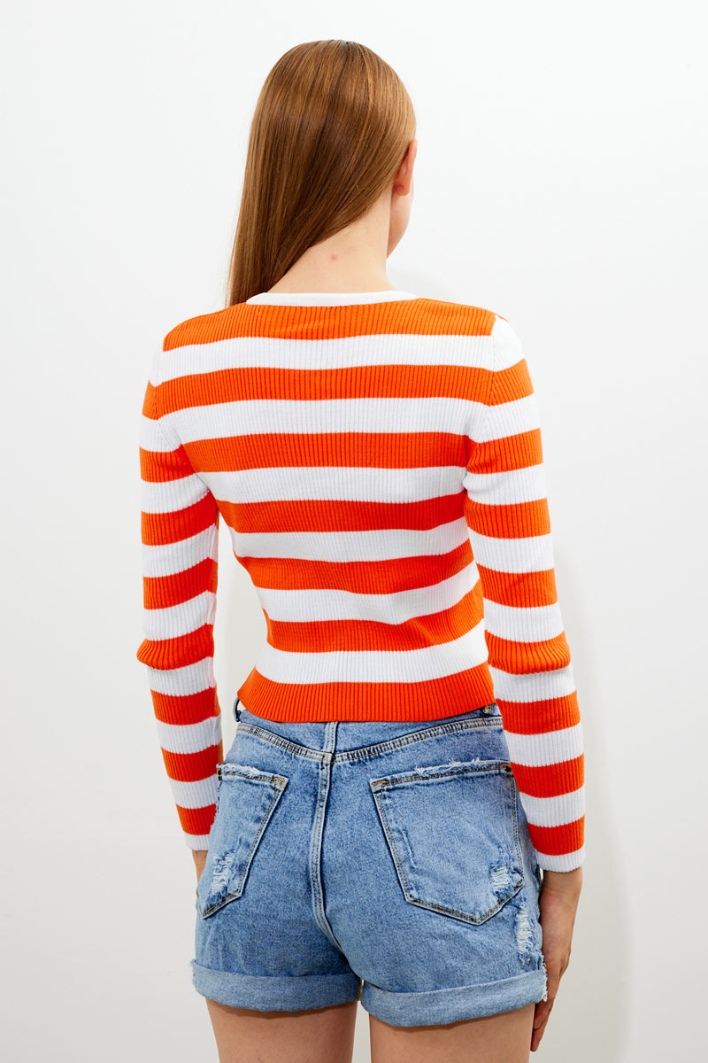 Striped & Buttoned Basic Cropped Sweater - Orange