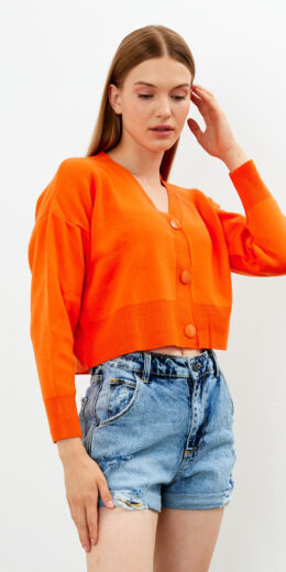 Solid Color Cropped Oversize Cardigan - Orange