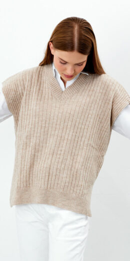 Solid Color Sweater Vest Ribbed - Beige