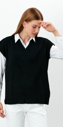 Solid Color Sweater Vest Ribbed - Black
