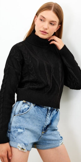 Turtleneck Oversized Textured Sweater - Brown