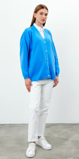 Oversized Solid Color Knit Cardigan - Blue