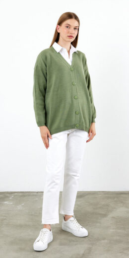 Oversized Solid Color Knit Cardigan - Green
