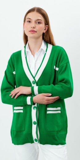 Oversized Striped Knit Cardigan / Modest - Green