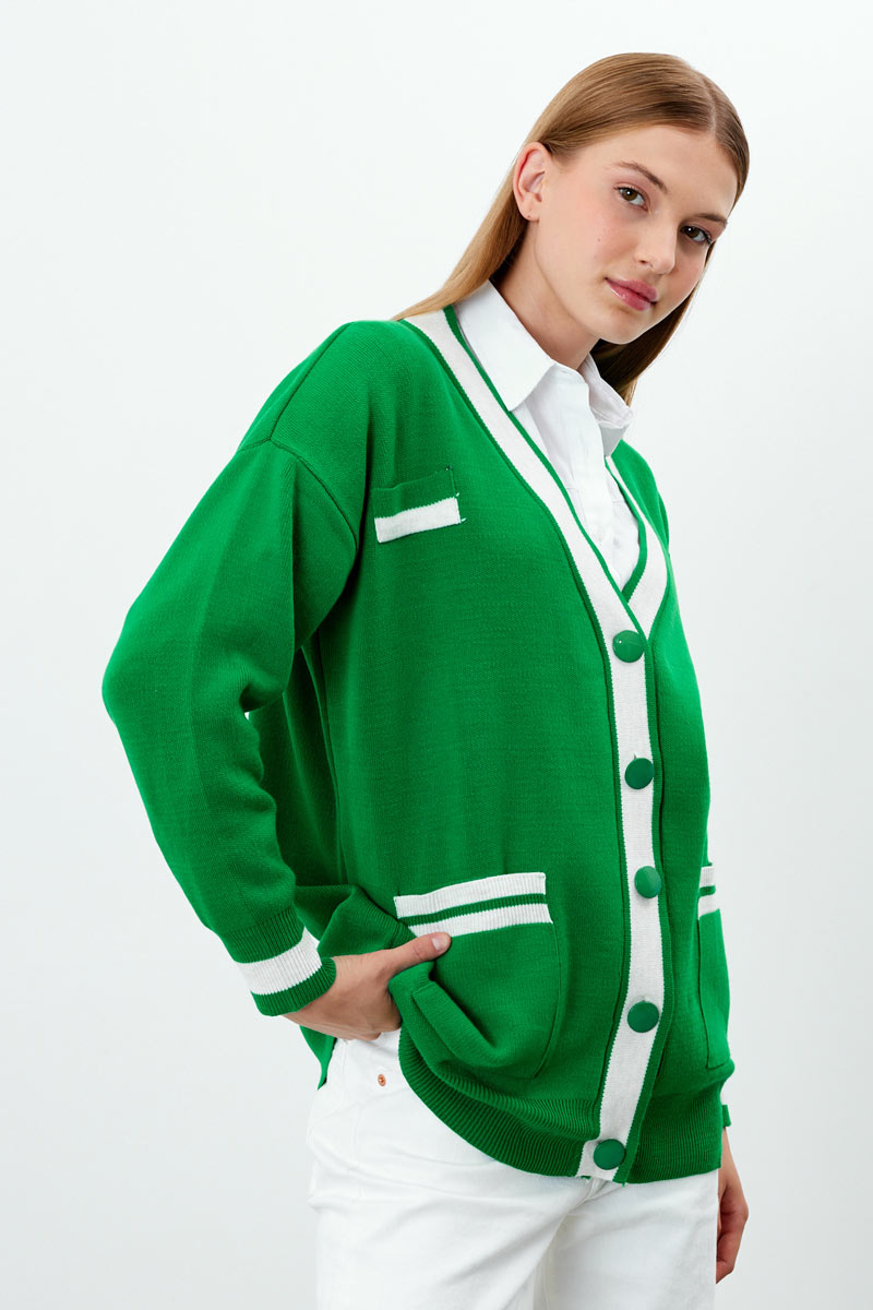 Oversized Striped Knit Cardigan / Modest - Green