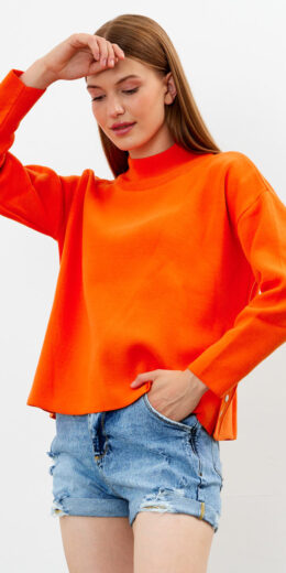 Mock Neck Side Detailed Oversized Sweater - Orange