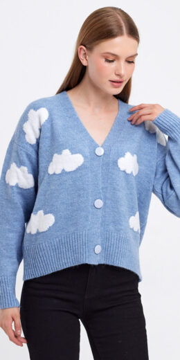 Cloud Printed Knit Cardigan - White