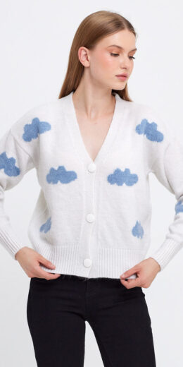 Cloud Printed Knit Cardigan - White