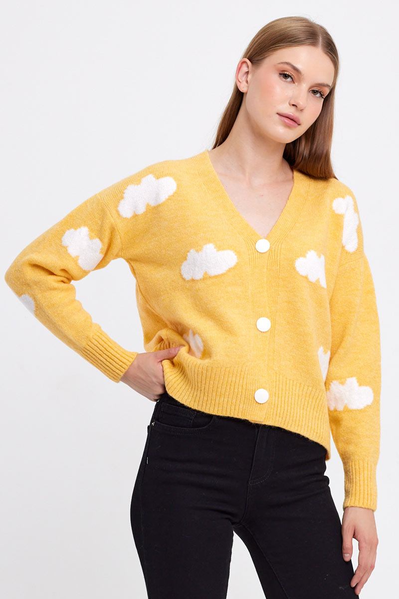 Cloud Printed Knit Cardigan - Yellow