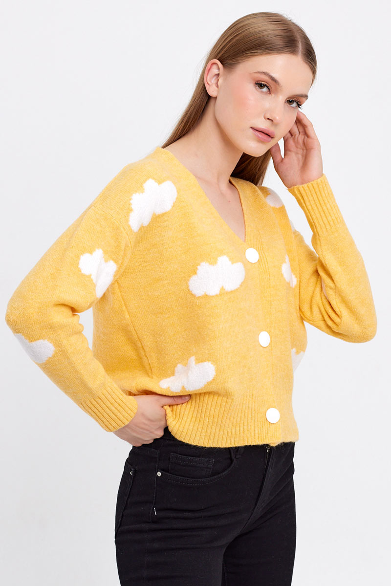 Cloud Printed Knit Cardigan - Yellow