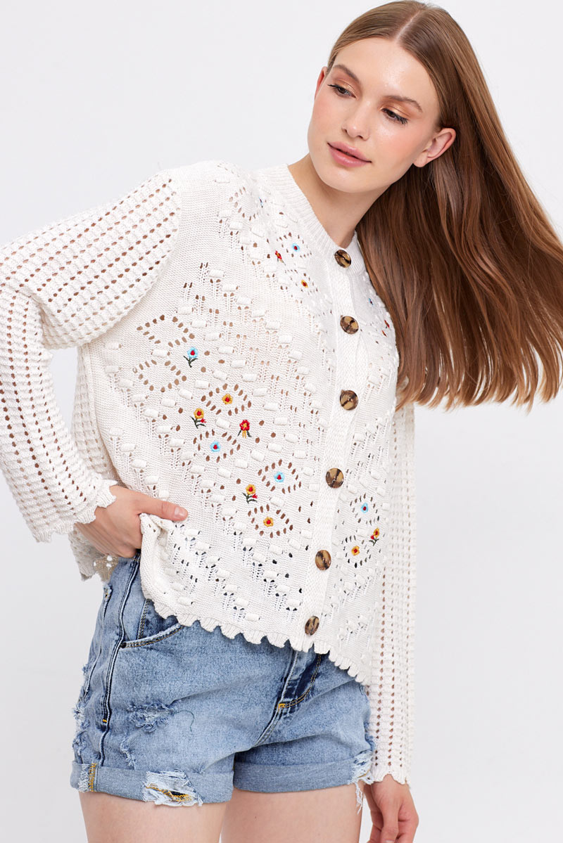 Embroidery & Flower Detailed Cardigan - Beige