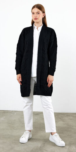 Long Length Knit Textured Cardigan - Black