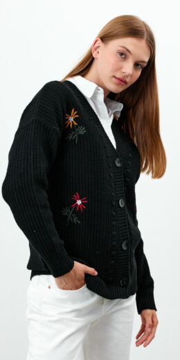 Regular Fit Knit Cardigan Flower Embroidered - Black