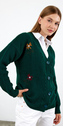 Regular Fit Knit Cardigan Flower Embroidered - L.Brown