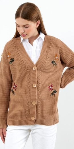 Regular Fit Knit Cardigan Flower Embroidered - Beige