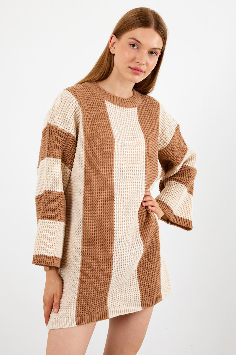 Striped Sweaterlike Dress / Knit Tunic - L.Brown