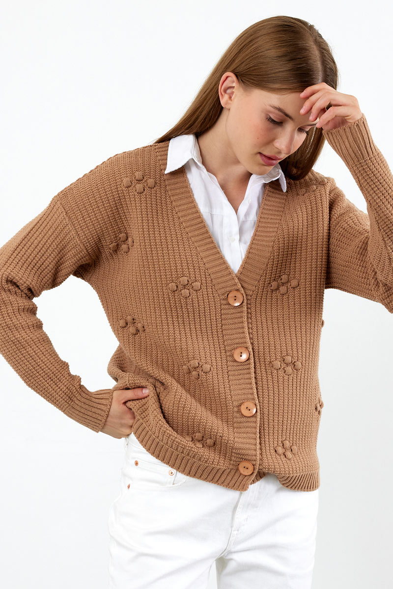 Short Knit Cardigan Solid - L.Brown