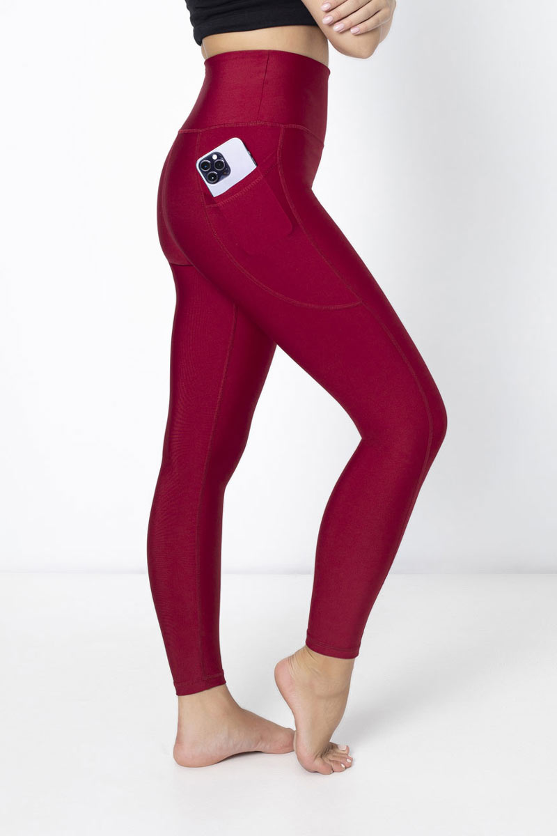 Moderately Thick High Waisted 7/8 Leggings with Pockets Tummy Control Activewear Perfect for Yoga, Workout, Gym, Athletic - Burgundy